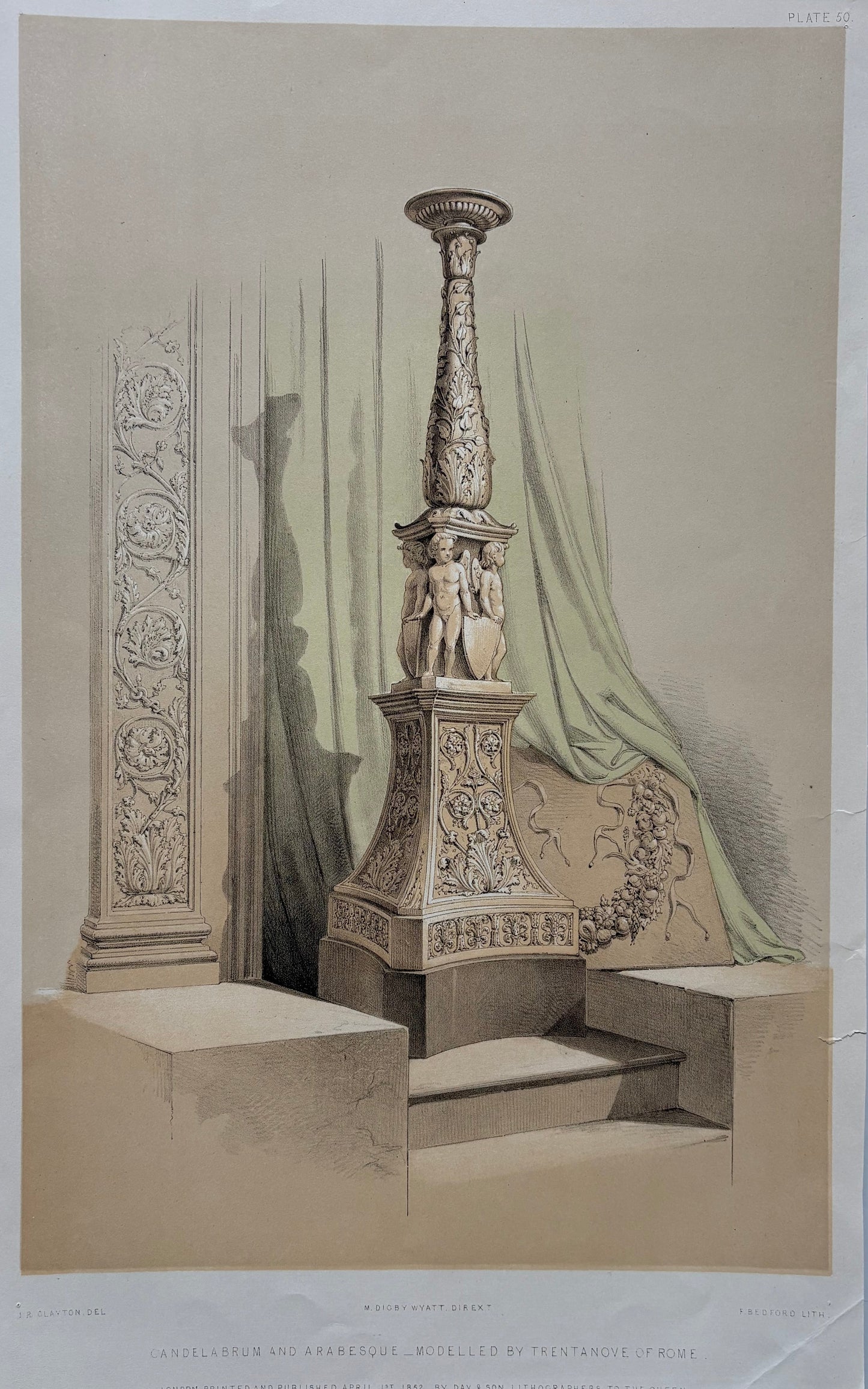 Antique Victorian Engraving, 1851 – Trentanove of Rome Arabesque Candelabrum with Sculptural Detail