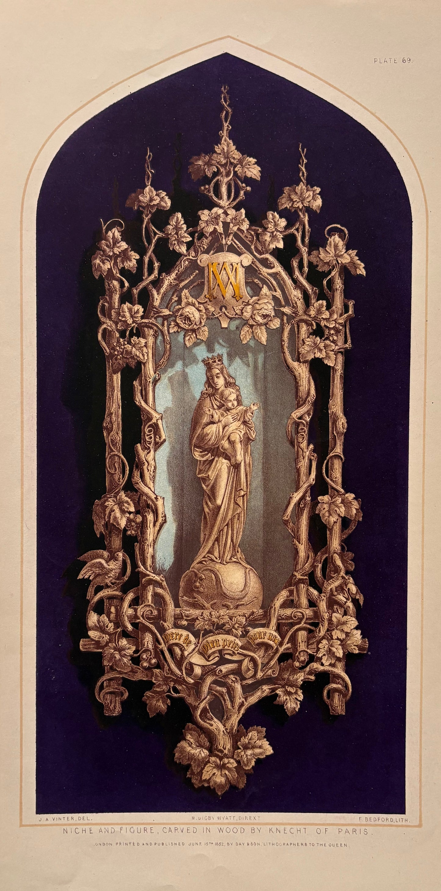 Antique Victorian Engraving, 1852 – Knecht of Paris Carved Wood Niche with Gothic Madonna