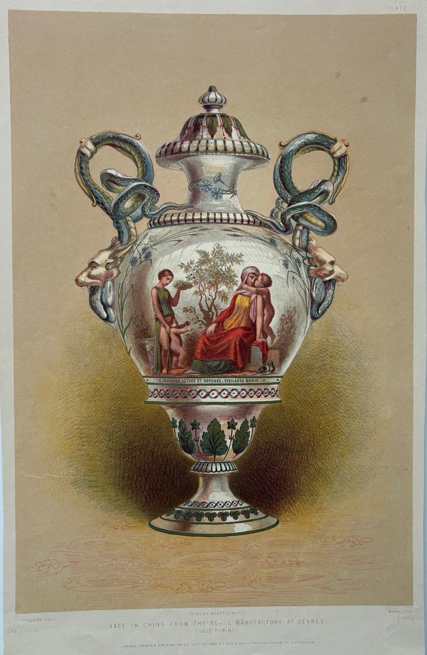 Antique Victorian Engraving, 1851 – Sèvres Porcelain Vase with Classical Painted Scene