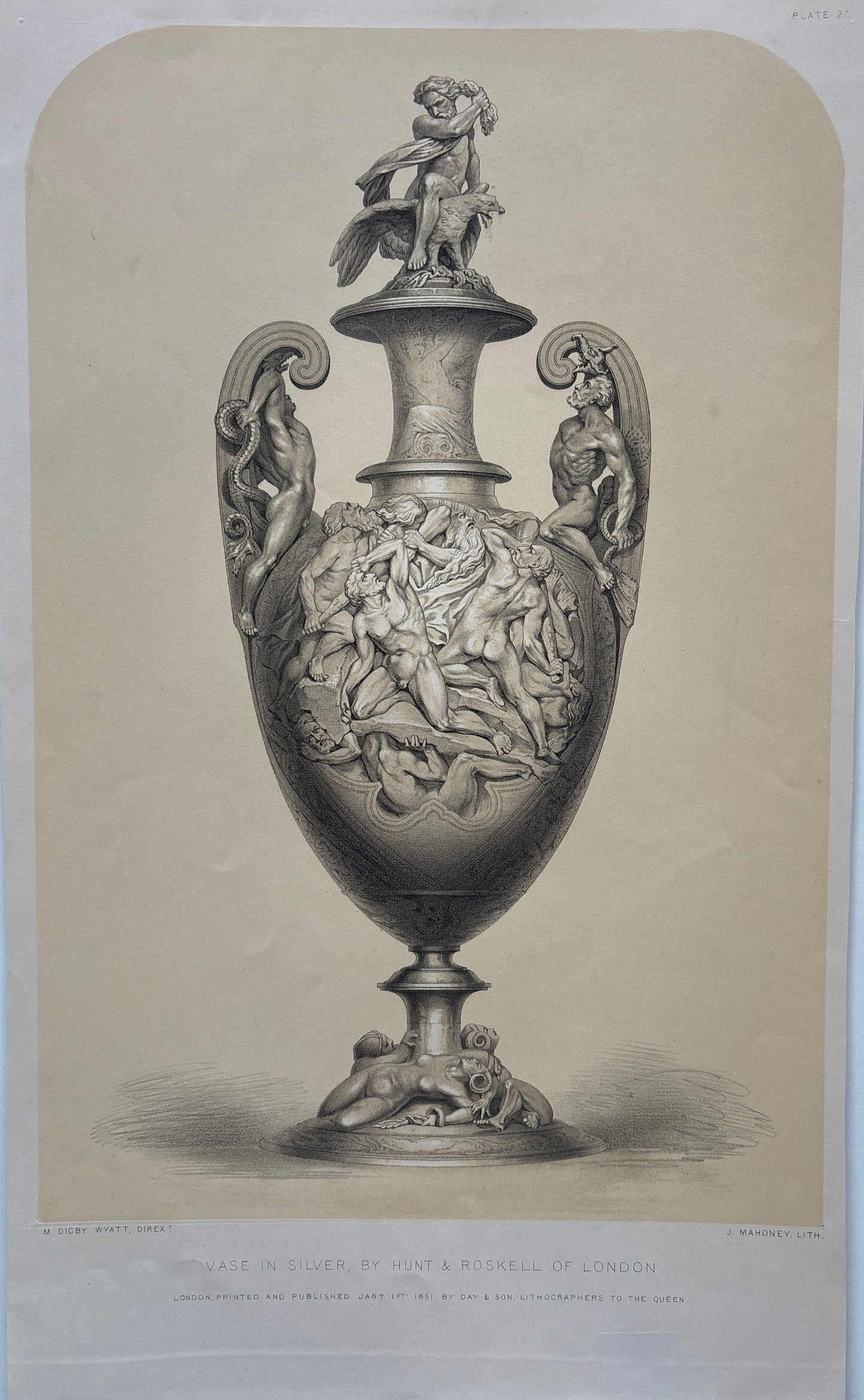 Antique Victorian Engraving 1851 of Hunt & Roskell Silver Vase with Classical Figural Reliefs