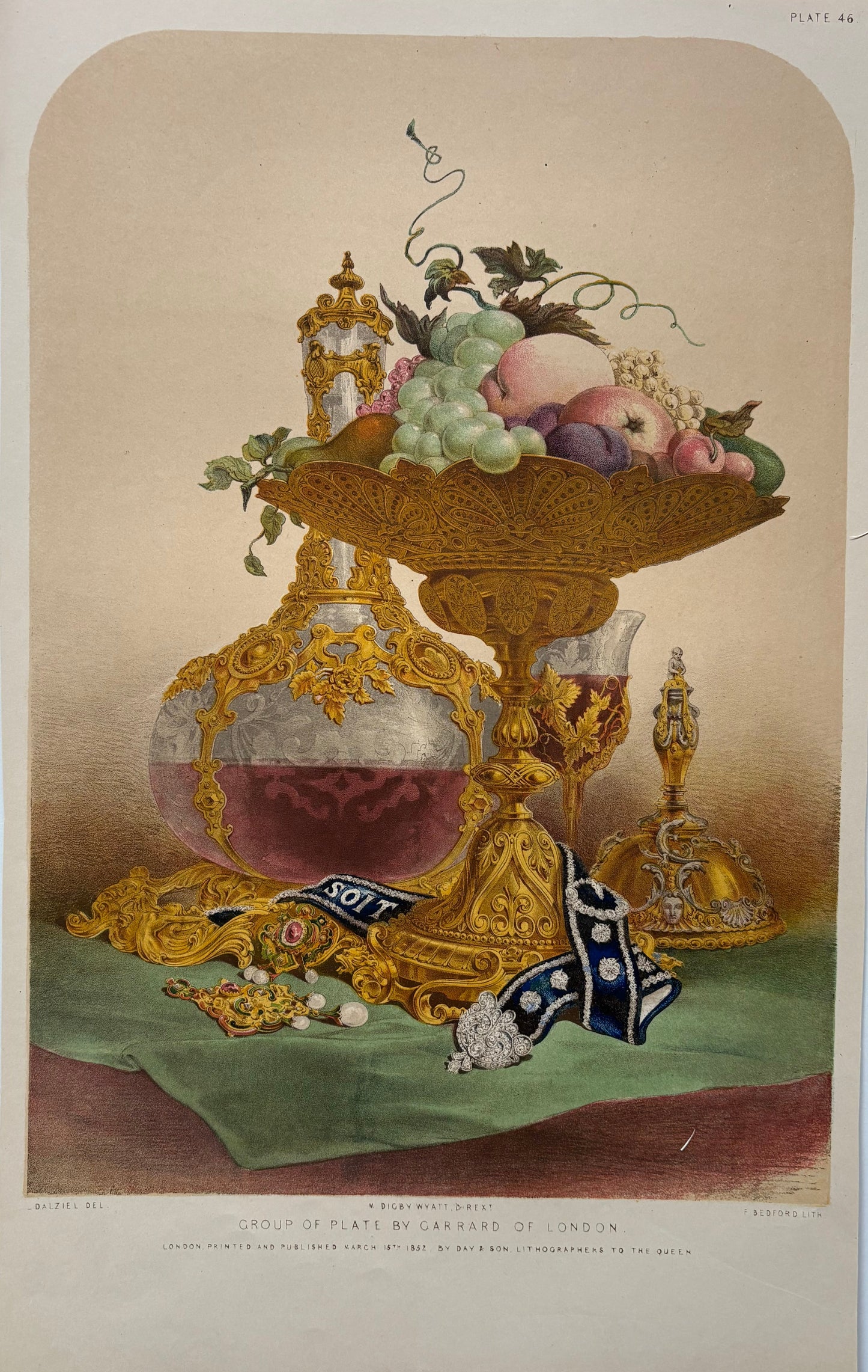 Antique Victorian Engraving, 1851 – Garrard of London Ornate Gold Plate and Fruit Centrepiece