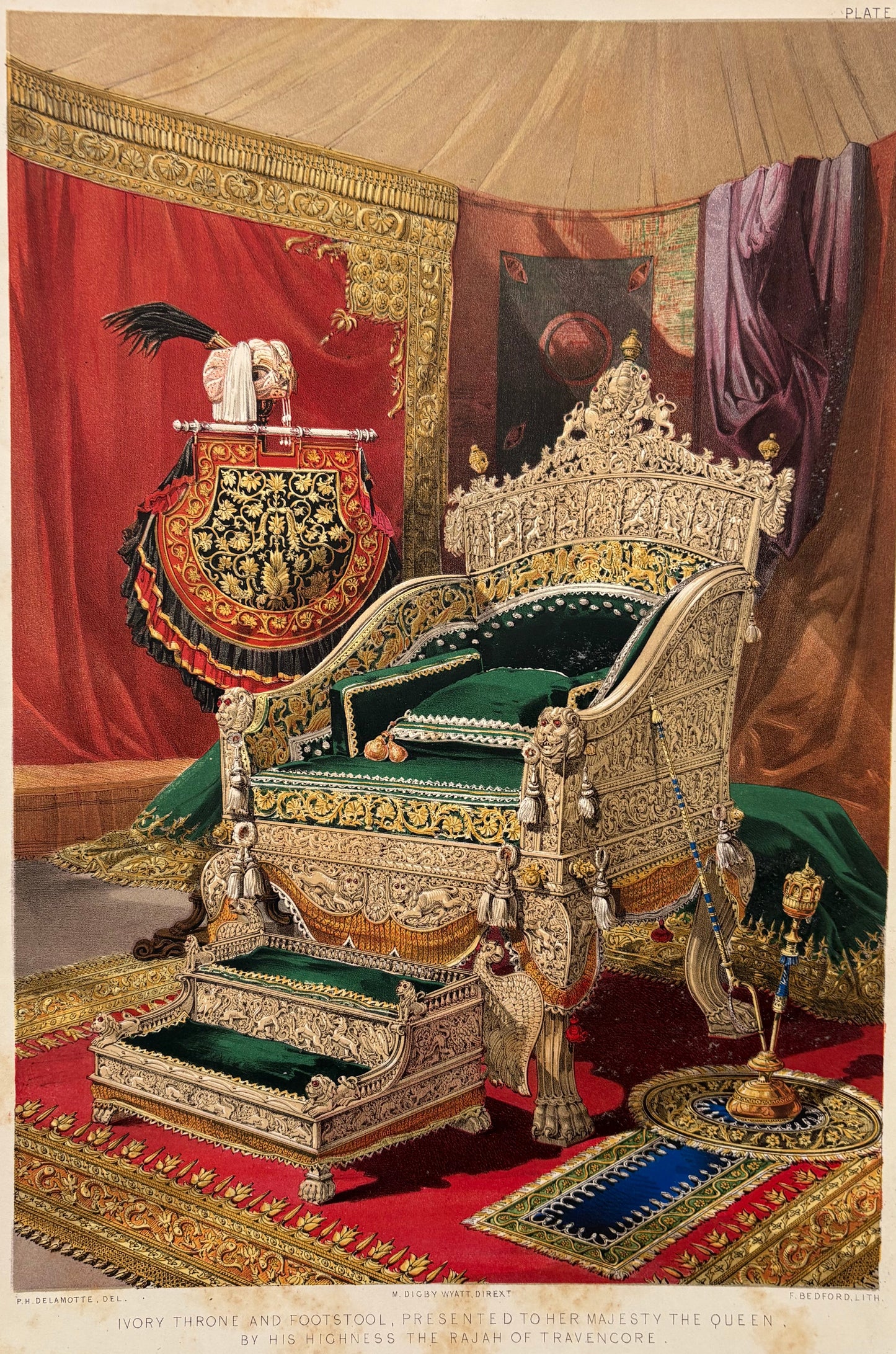 Antique Victorian Engraving, 1853 – Travancore Rajah’s Ivory Throne and Footstool for the Queen