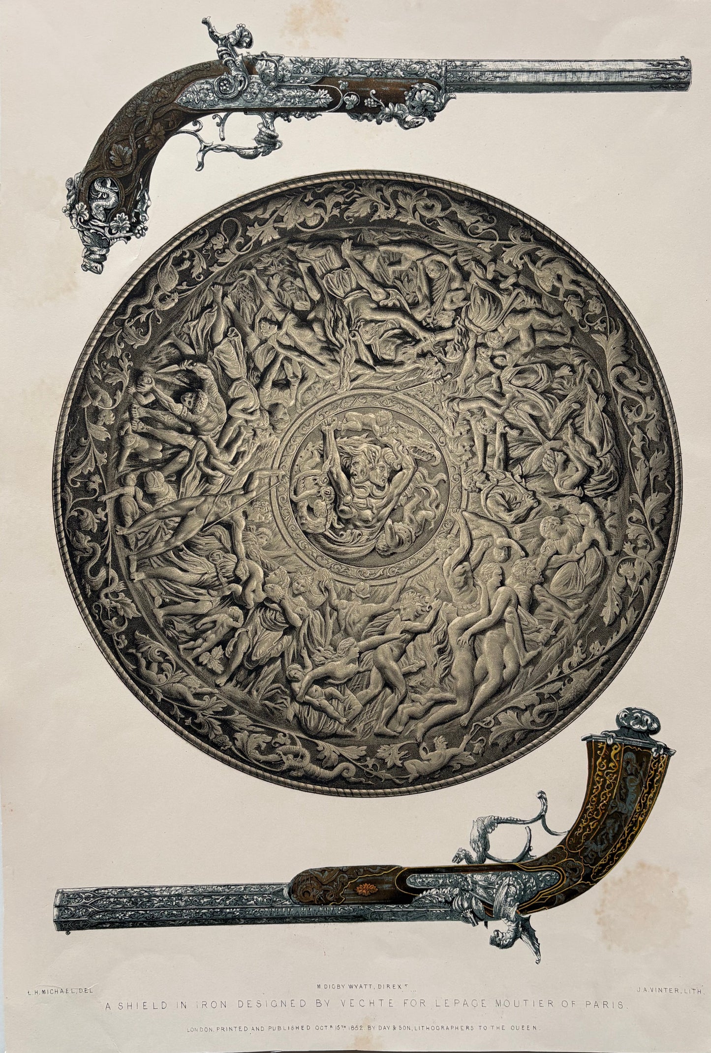Antique Victorian Engraving, 1852 – Vechte’s Paris Iron Shield with Ornate Mythological Reliefs