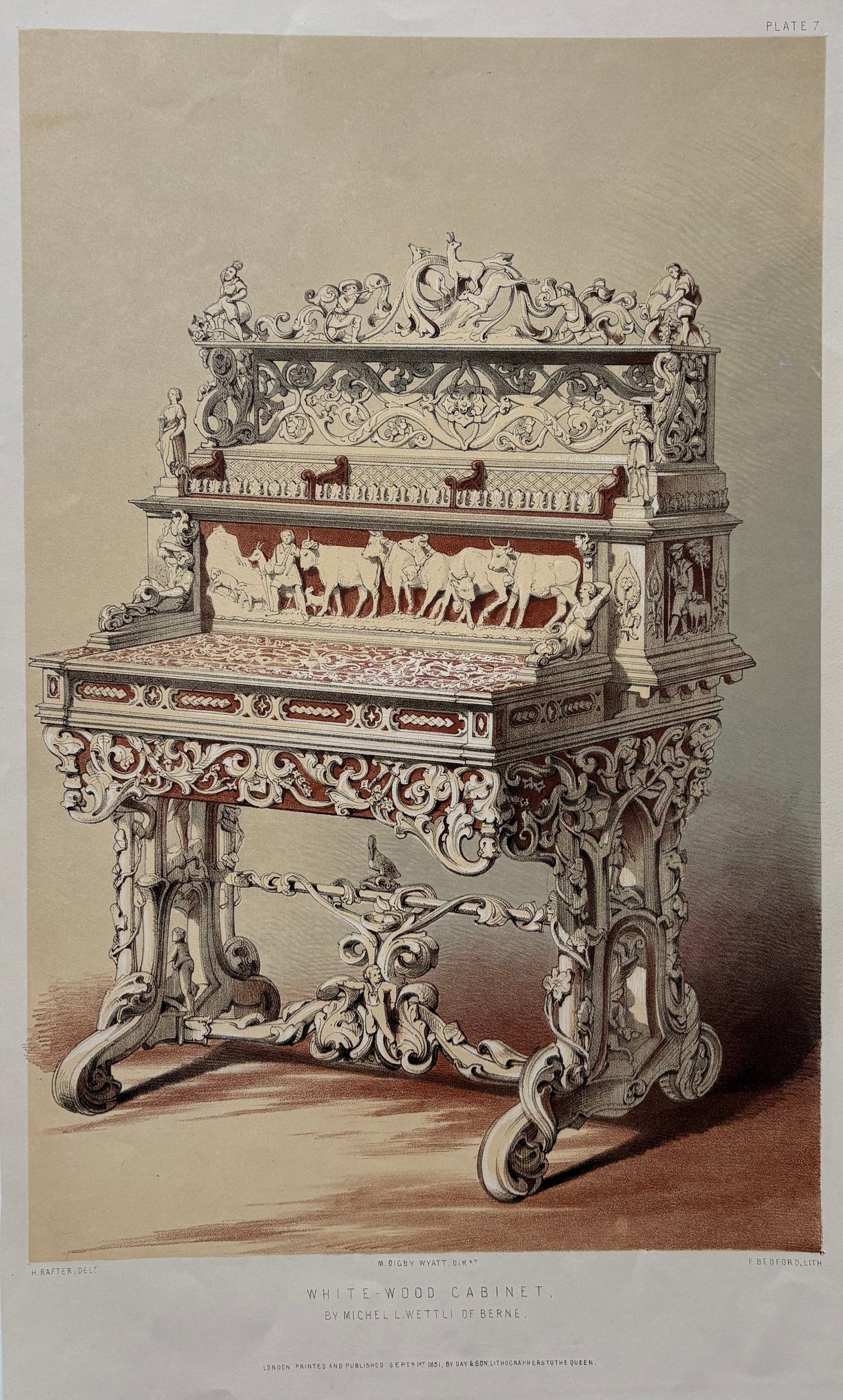 Antique Victorian Engraving, 1851 – Michel L’Ettli of Berne Ornate White Wood Carved Cabinet
