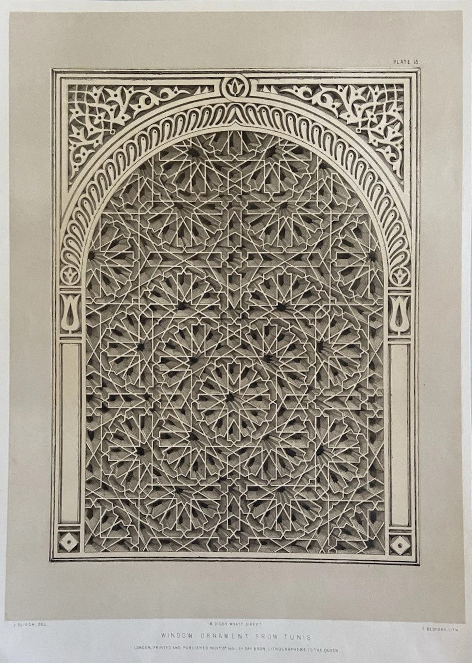 Antique architectural Victorian Engraving Window Ornament from Tunis (1851)