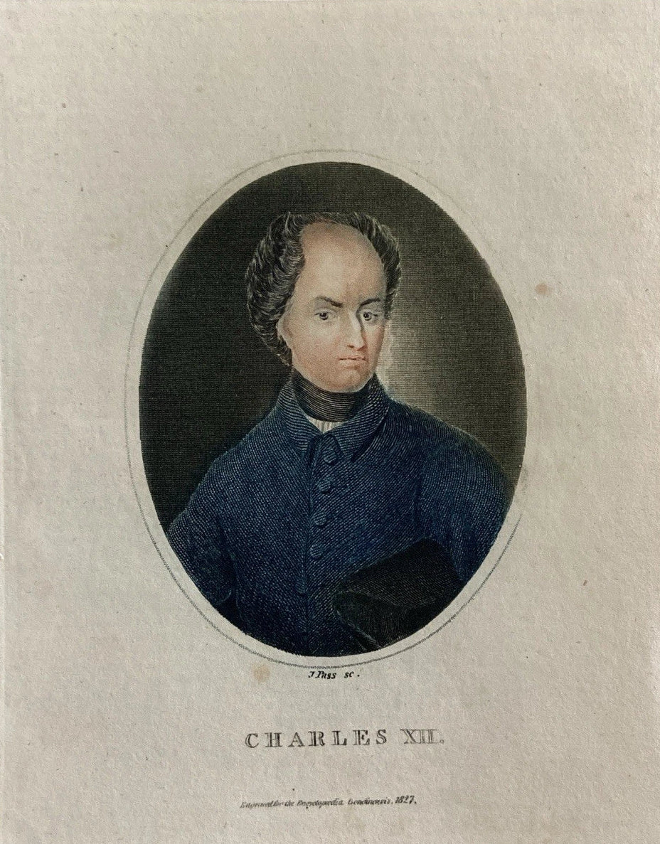 Antique Hand-Coloured Engraving – King Charles XII of Sweden 1827