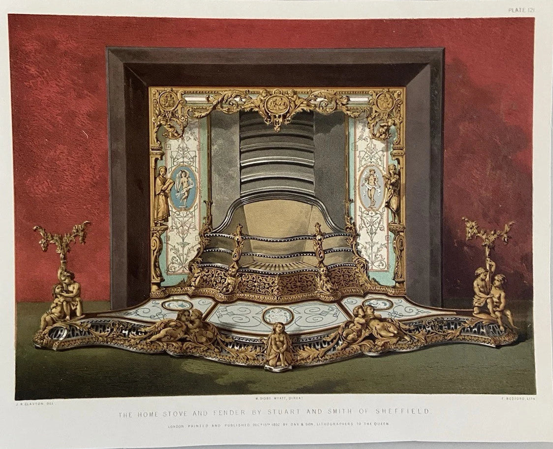 Antique Victorian Engraving Fireplace Ornate Stove & Fender by Stuart Smith 1852