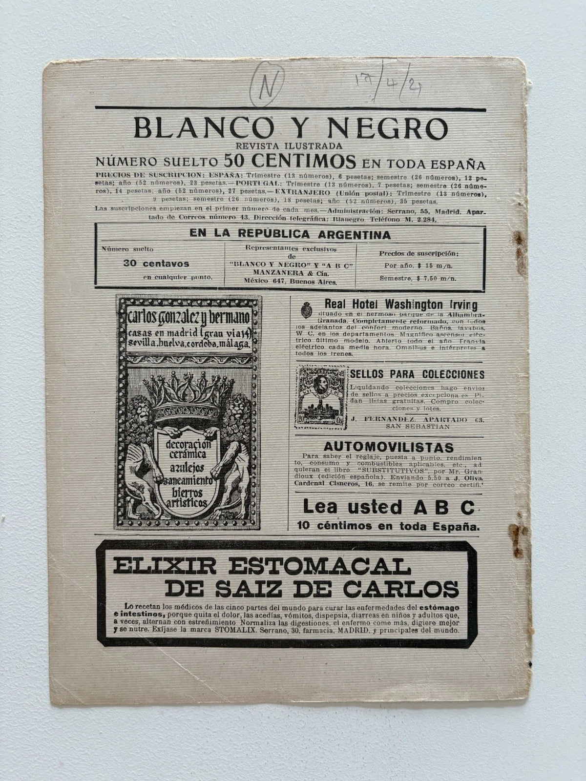 Antique art deco Lectura Grata Luis Gil de Vicario Blanco y Negro Magazine Cover
