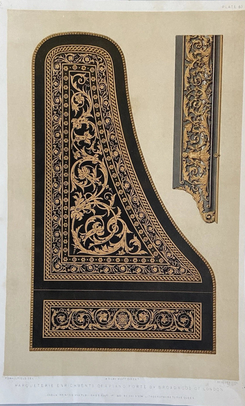 Antique Victorian Print – Marqueterie Enrichments of a Piano Forte by Broadwood 1852