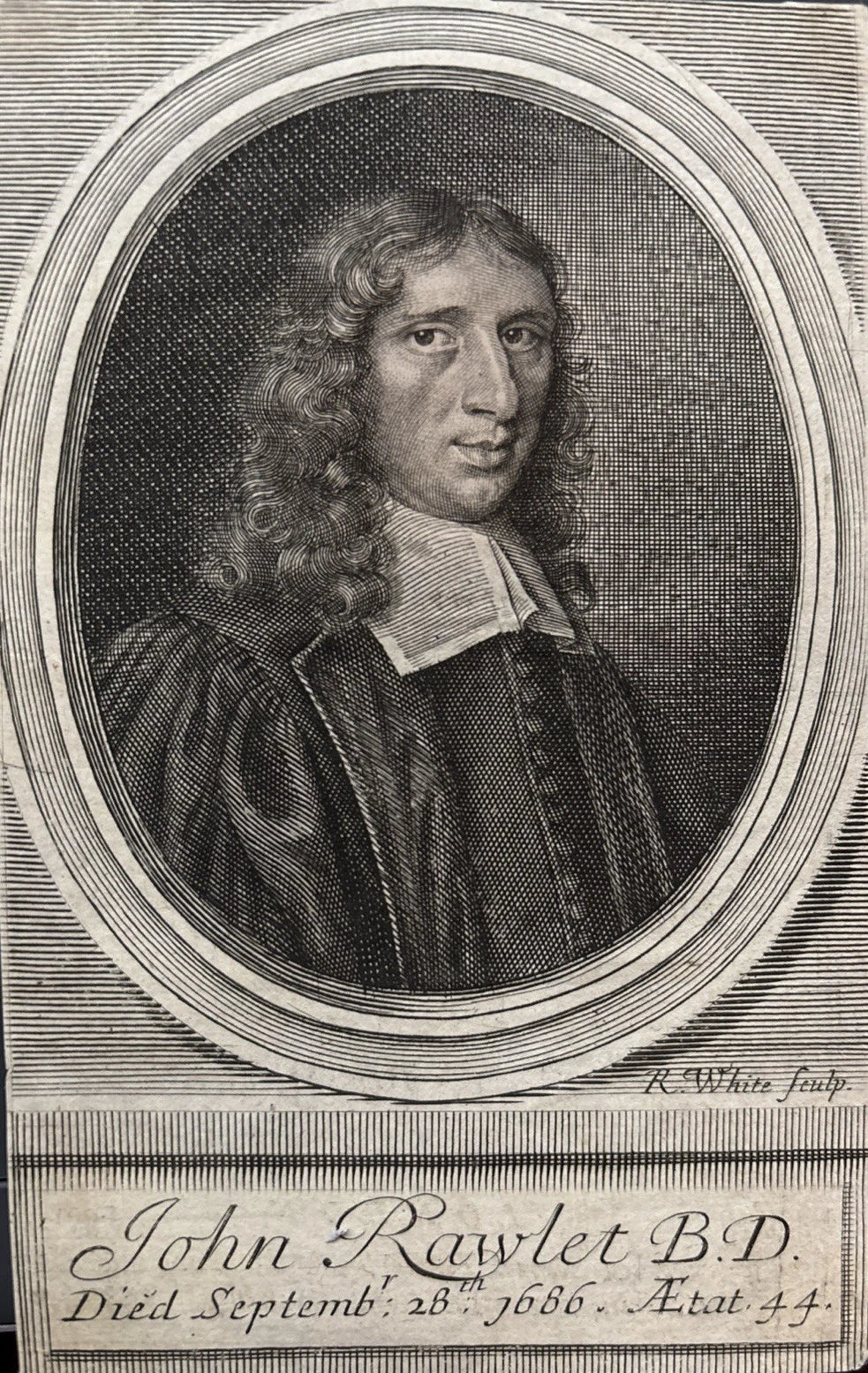 Antique Engraving of John Rawlet B.D. – English Clergyman & Devotional Writer 1686
