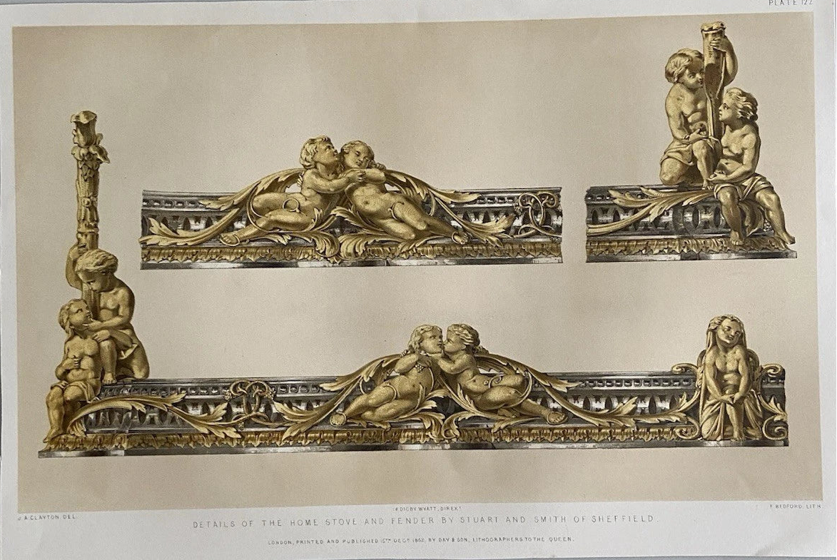Antique Victorian Engraving Ornamental Stove & Fender by Stuart 1852