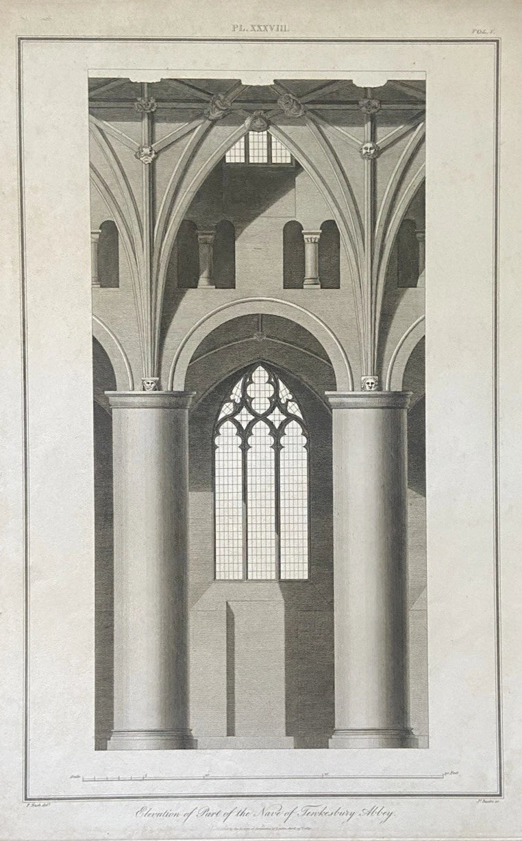 Antique Norman architectural Engraving of Tewkesbury Abbey