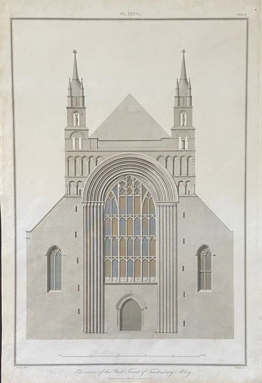 Antique Architectural Engraving West Front of Tewkesbury Abbey