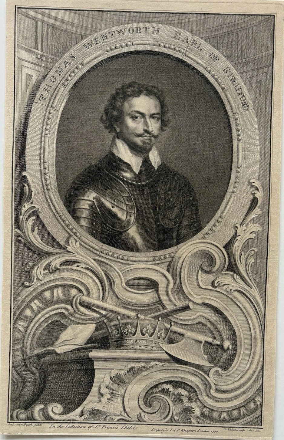 Antique Engraving – Thomas Wentworth, Earl of Strafford, English Noble, 1740