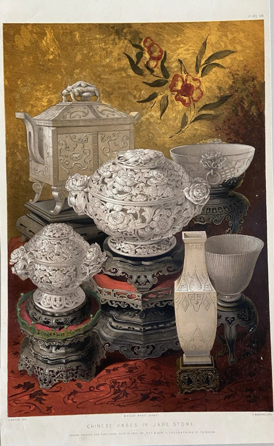 Antique Victorian Engraving Chinese Vases in Jade Stone 1852