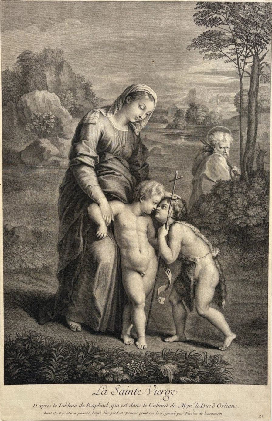 Antique Engraving After Raphael Virgin Mary- Christ Child & Saint John 1730