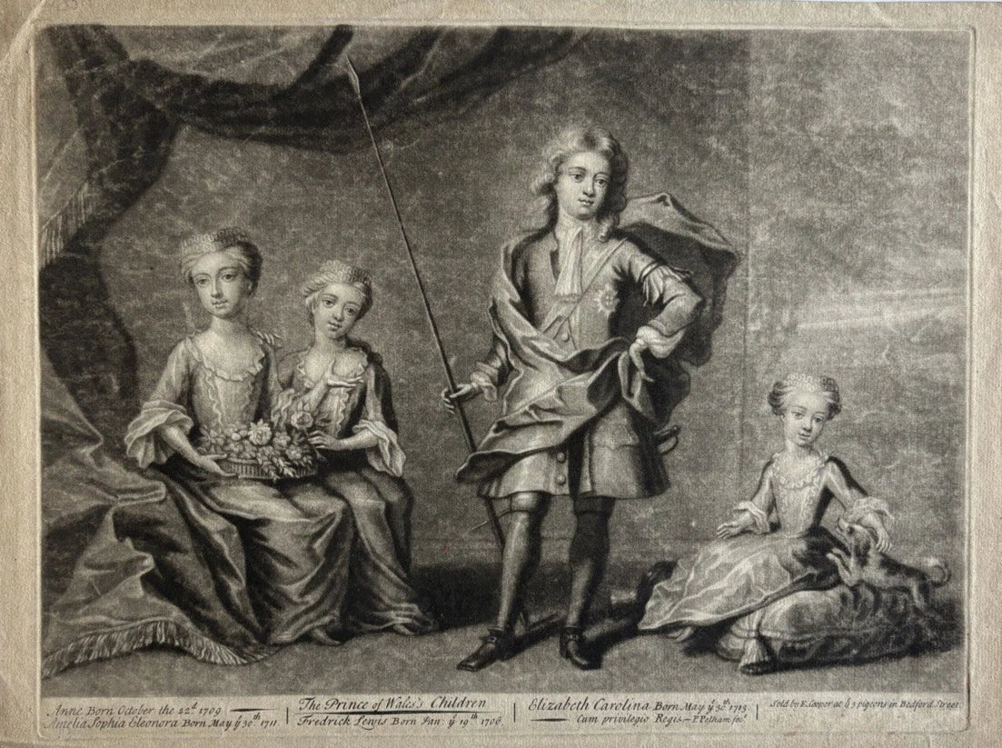 Antique Mezzotint engraving Prince of Wales’s Children 1720 Royal Portrait