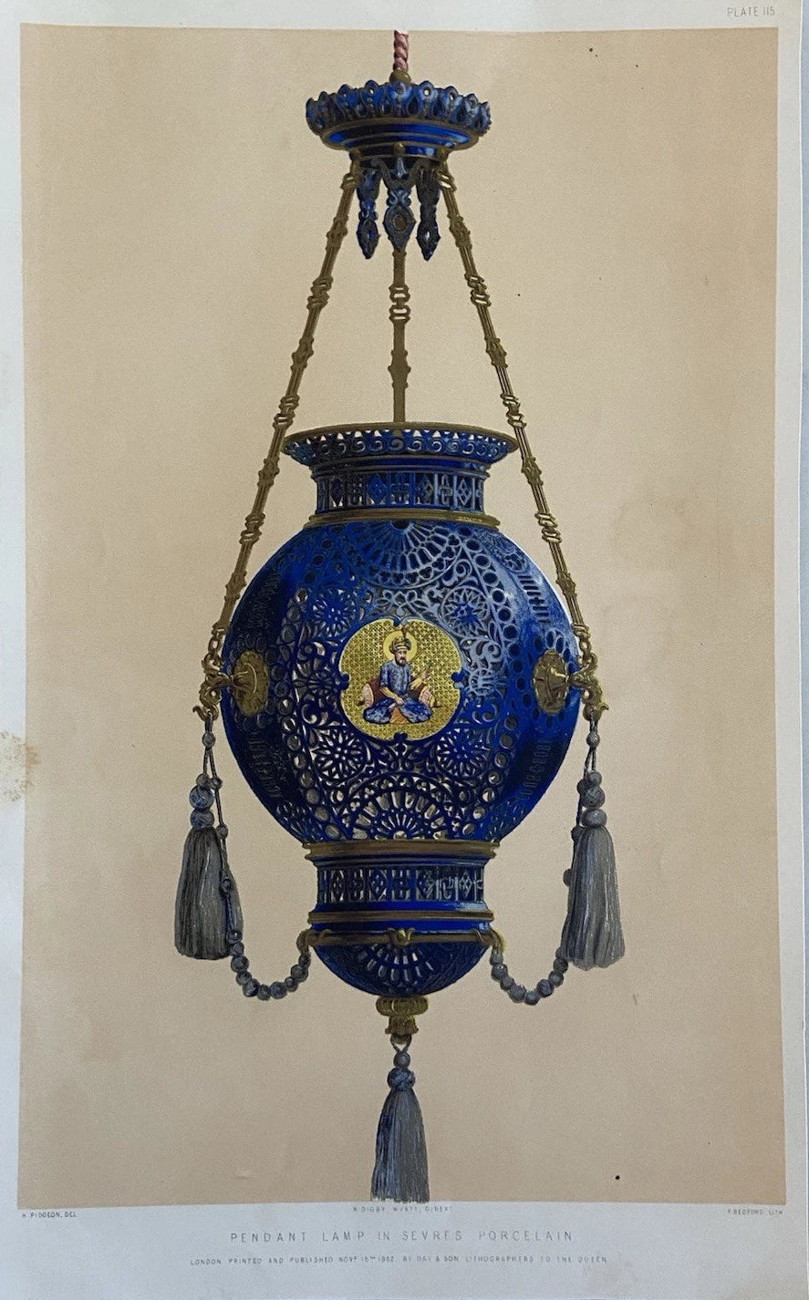 Antique Victorian Engraving – Pendant Lamp in Sèvres Porcelain 1852