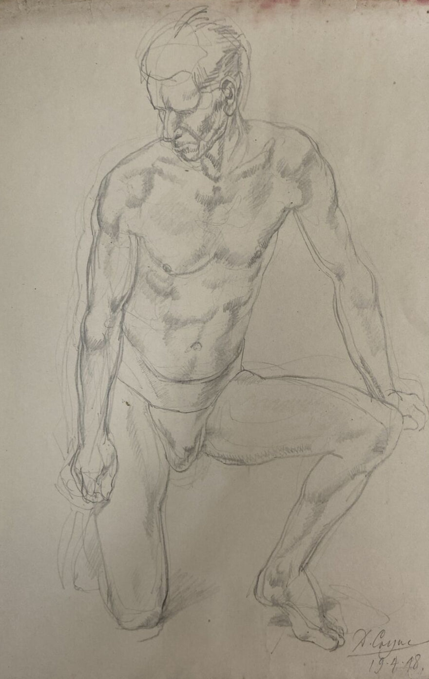 Vintage original Signed Male Form pencil sketch drawing By D. Cayne