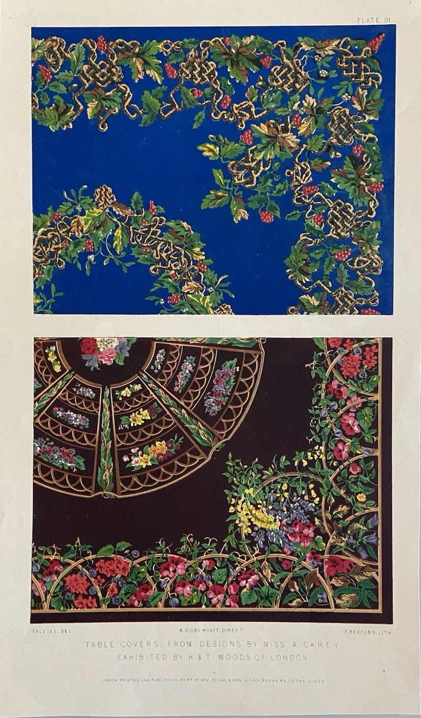 Antique Victorian Textile Print – 1852 Floral Table Cover Designs Miss A. Carey
