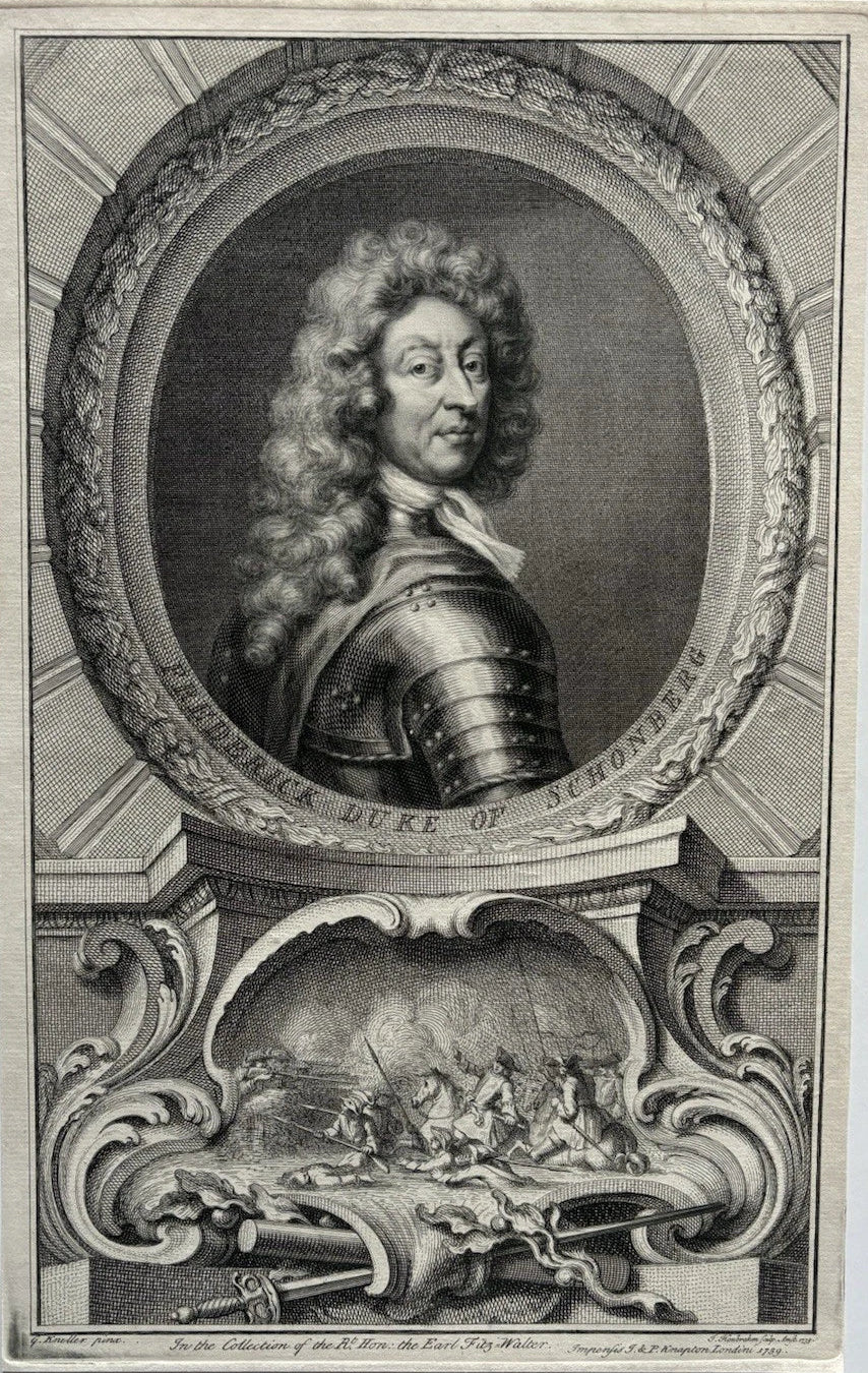 Antique 1739 Engraving Portrait of Friedrich Hermann von Schönberg, 1st Duke of Schomberg