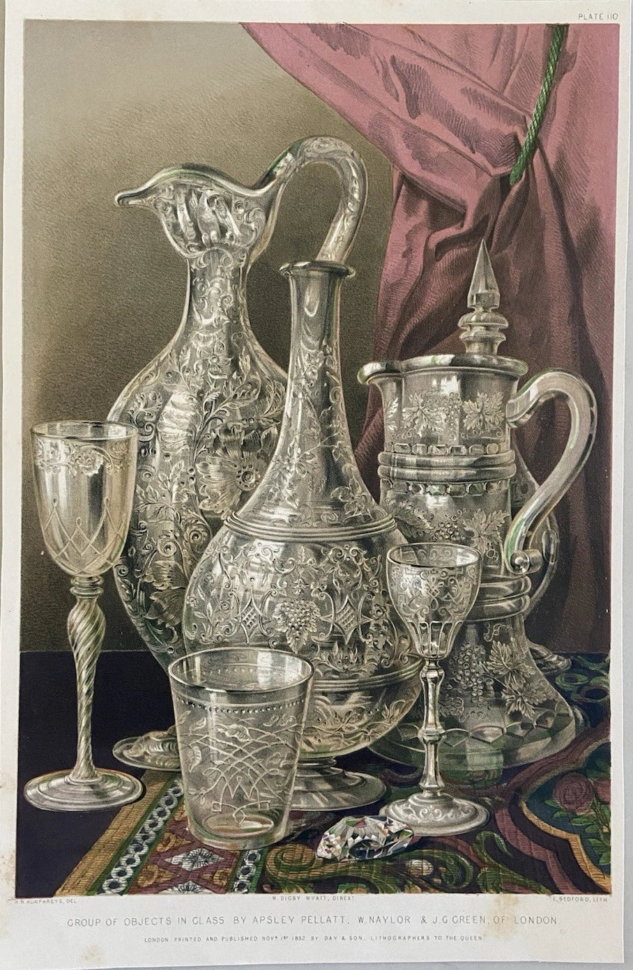 Antique Victorian Engraving 1852 Glassware by Apsley Pellatt glass jug decanter