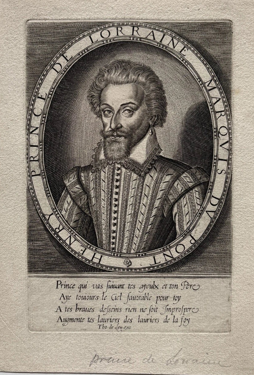 Antique Royalty engraving Henri, Prince of Lorraine and Marquess of Pont 1608
