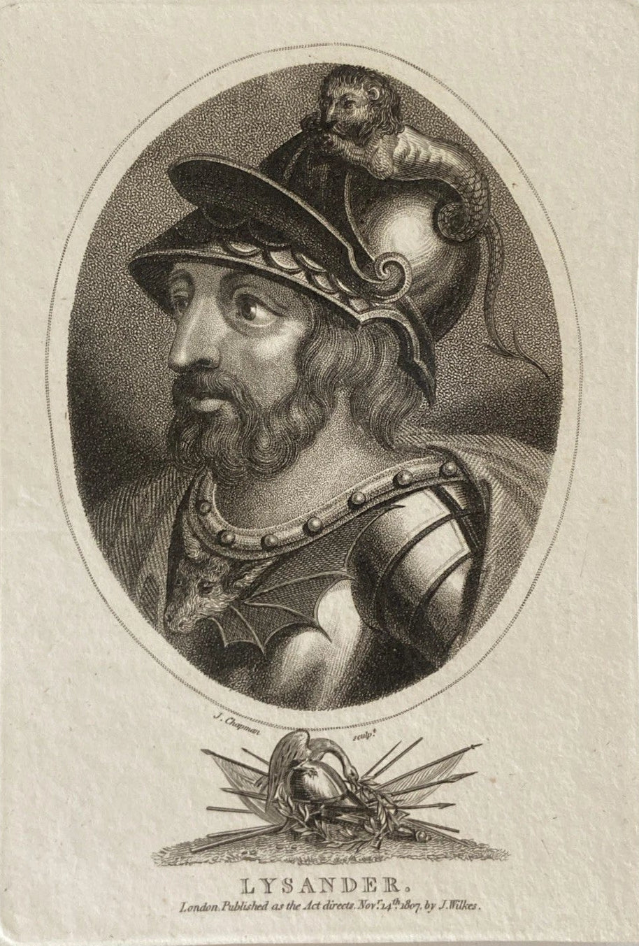 Antique 1807 Engraving of Lysander – Spartan Admiral in Classical Armor