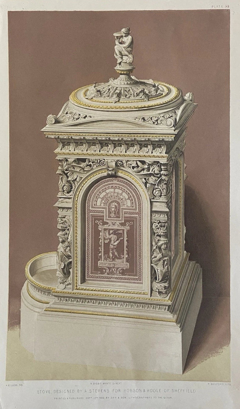 Antique Victorian Engraving Ornamental Stove by A. Stevens | Robson & Hoole 1852