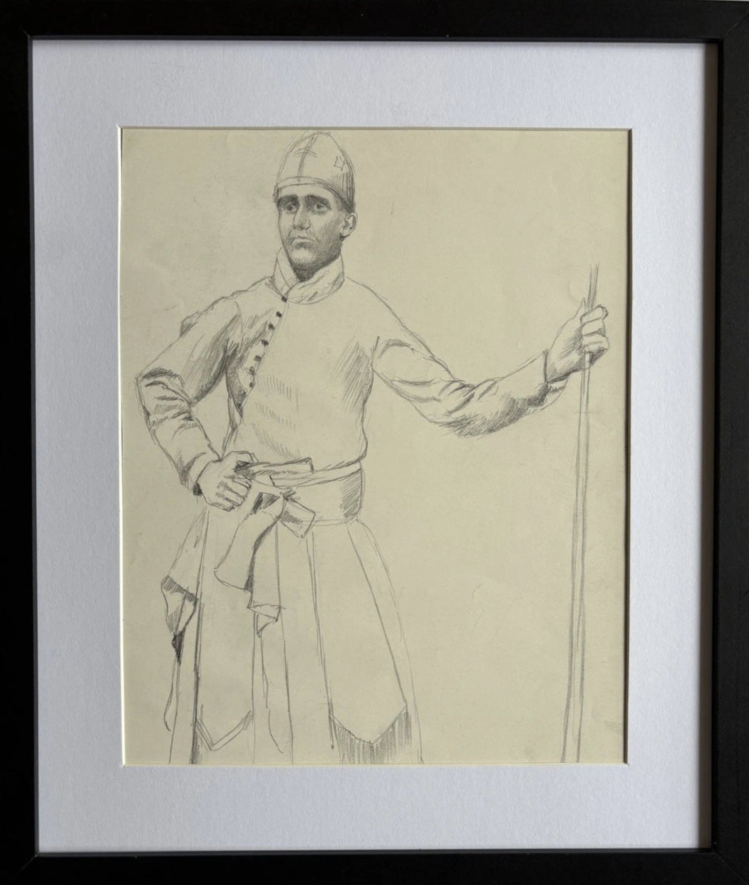Antique Pencil Drawing of a Medieval Guard with Spear – Framed Costume Study