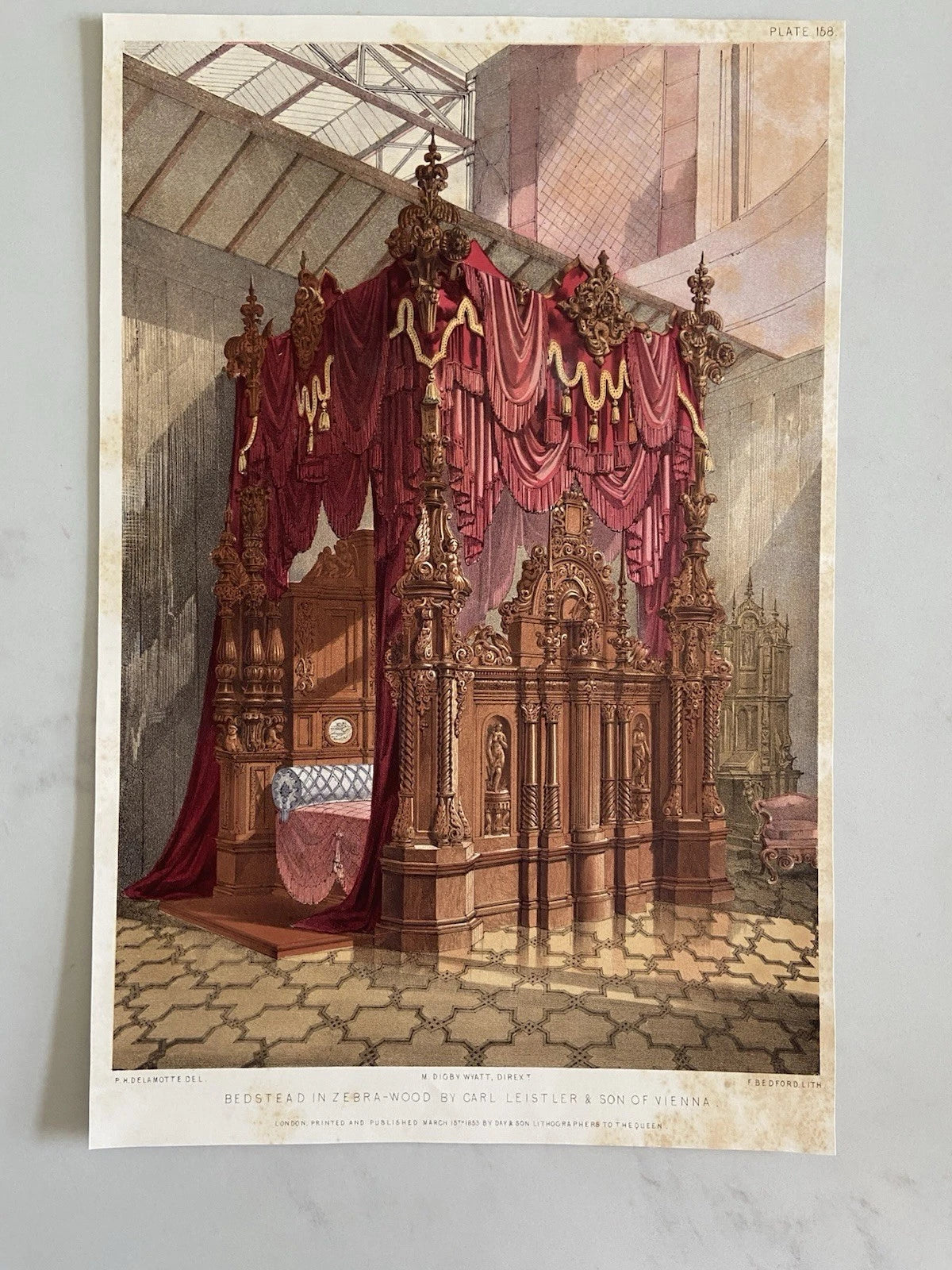 Antique Victorian Textile Engraving 1853 Bedstead in Zebra-Wood by Carl Leistler & Son