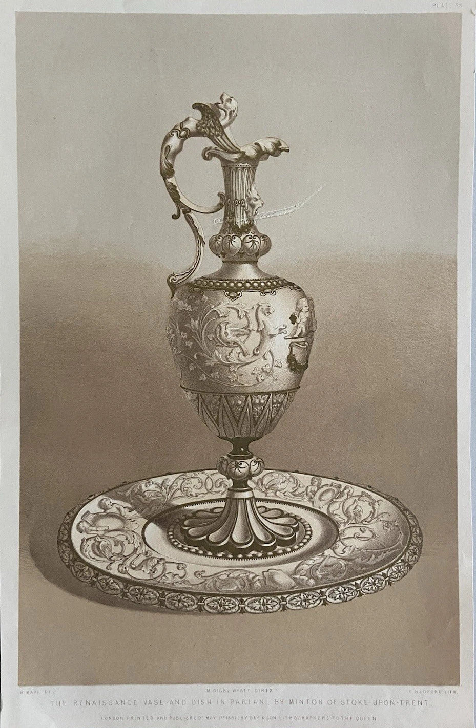 Antique Victorian Engraving Renaissance Vase and Dish in Parian 1852
