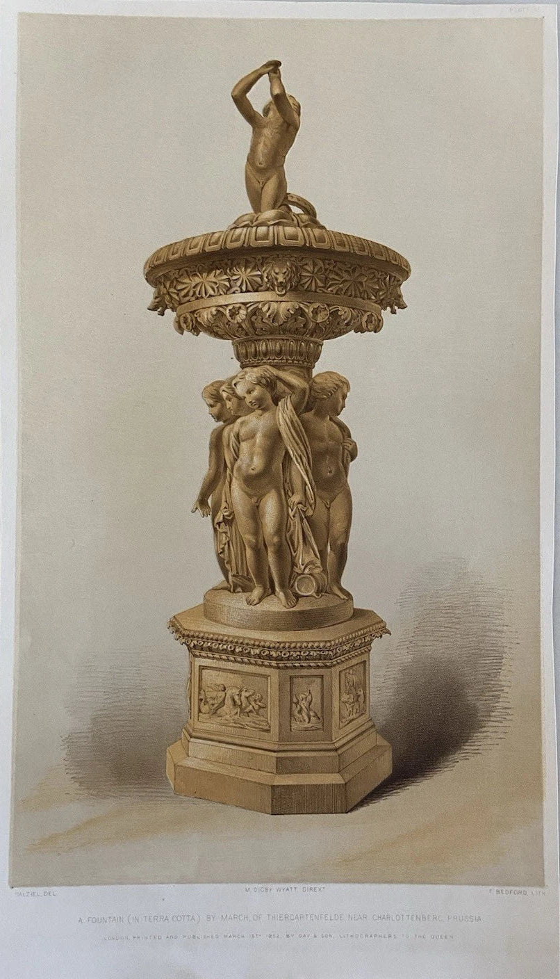 Antique Victorian Engraving Terracotta Fountain by Thiergartenfelde, Prussia 1852