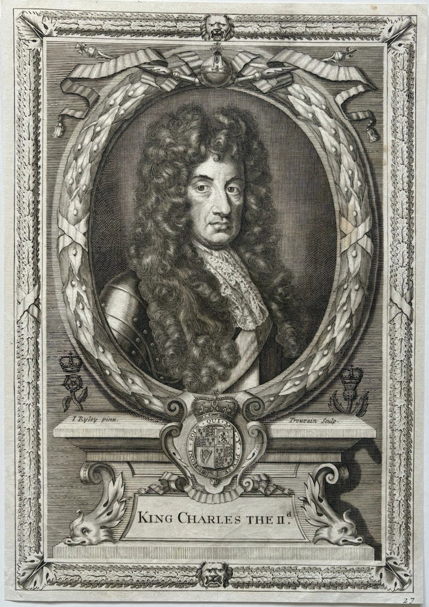 Antique Royalty Engraving Portrait of King Charles II of England 1703