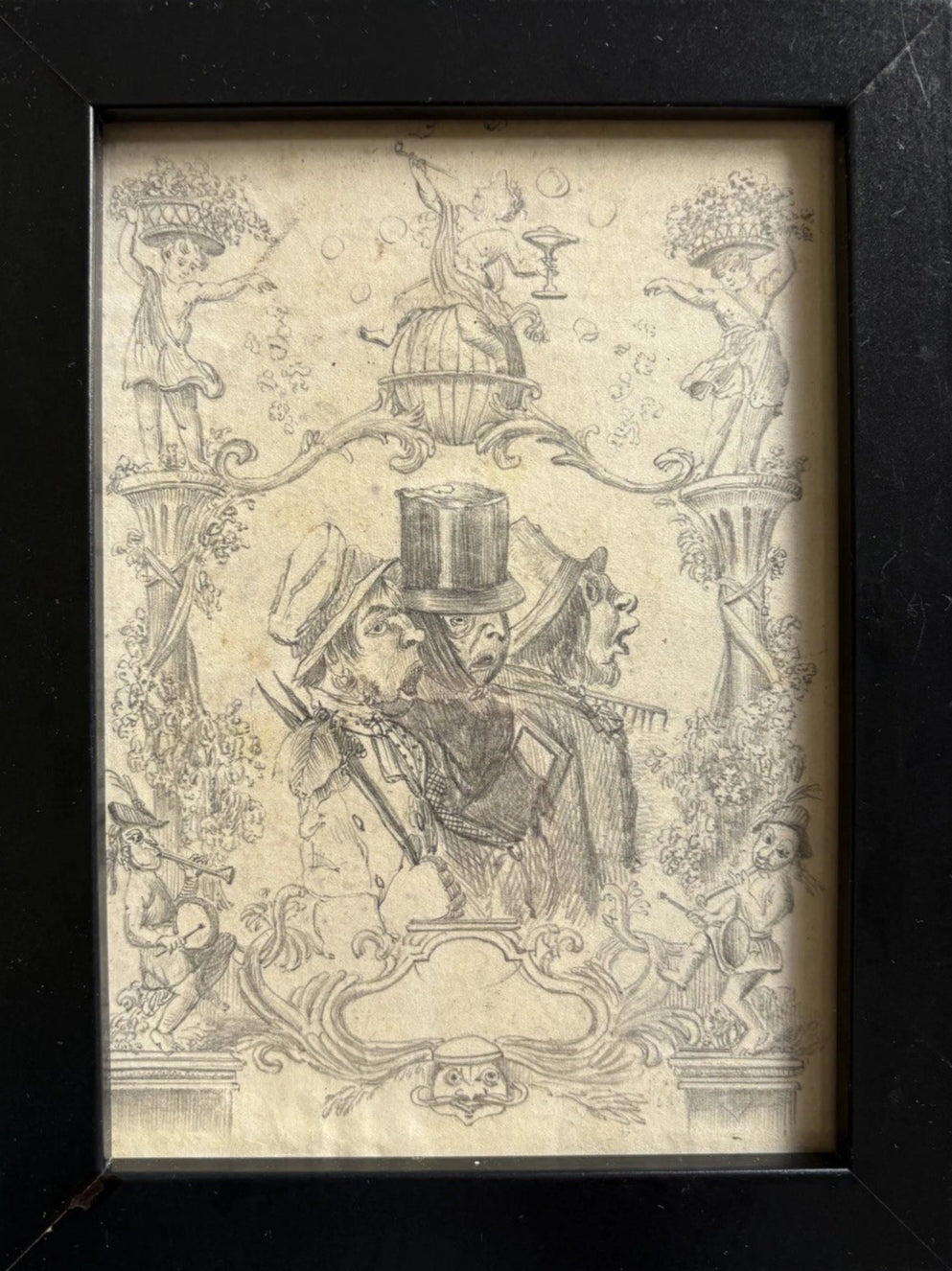 Antique 19th Century  Satirical Caricature Drawing with Theatrical Figures & Putti