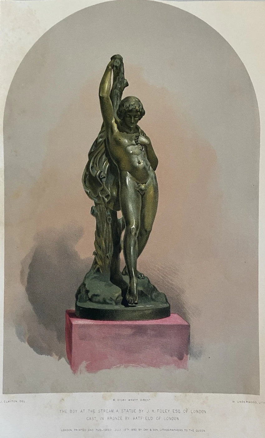 Antique Victorian Engraving “The Boy at the Stream” Bronze Statue by J.H. Foley 1852