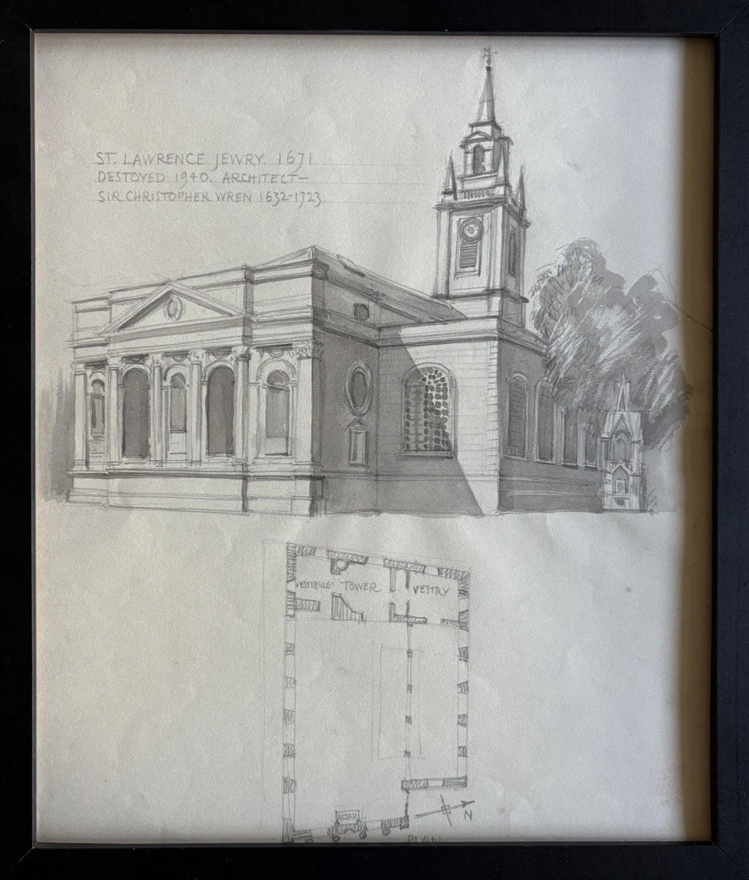 Antique Framed Architectural Drawing St. Lawrence Jewry, 1671 Christopher Wren