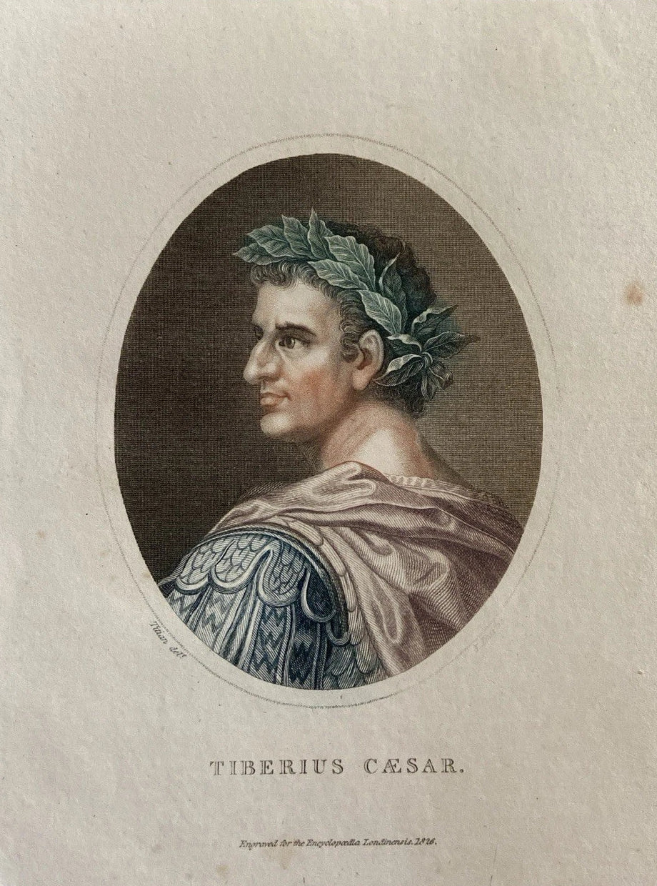 Antique Hand-Coloured Engraving – Emperor Tiberius Caesar – c.1816