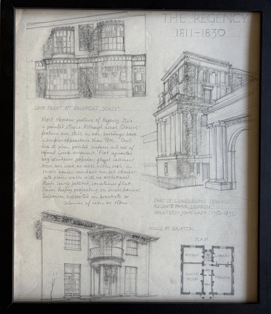 Antique Framed Regency Architectural Drawing John Nash’s Cumberland Terrace