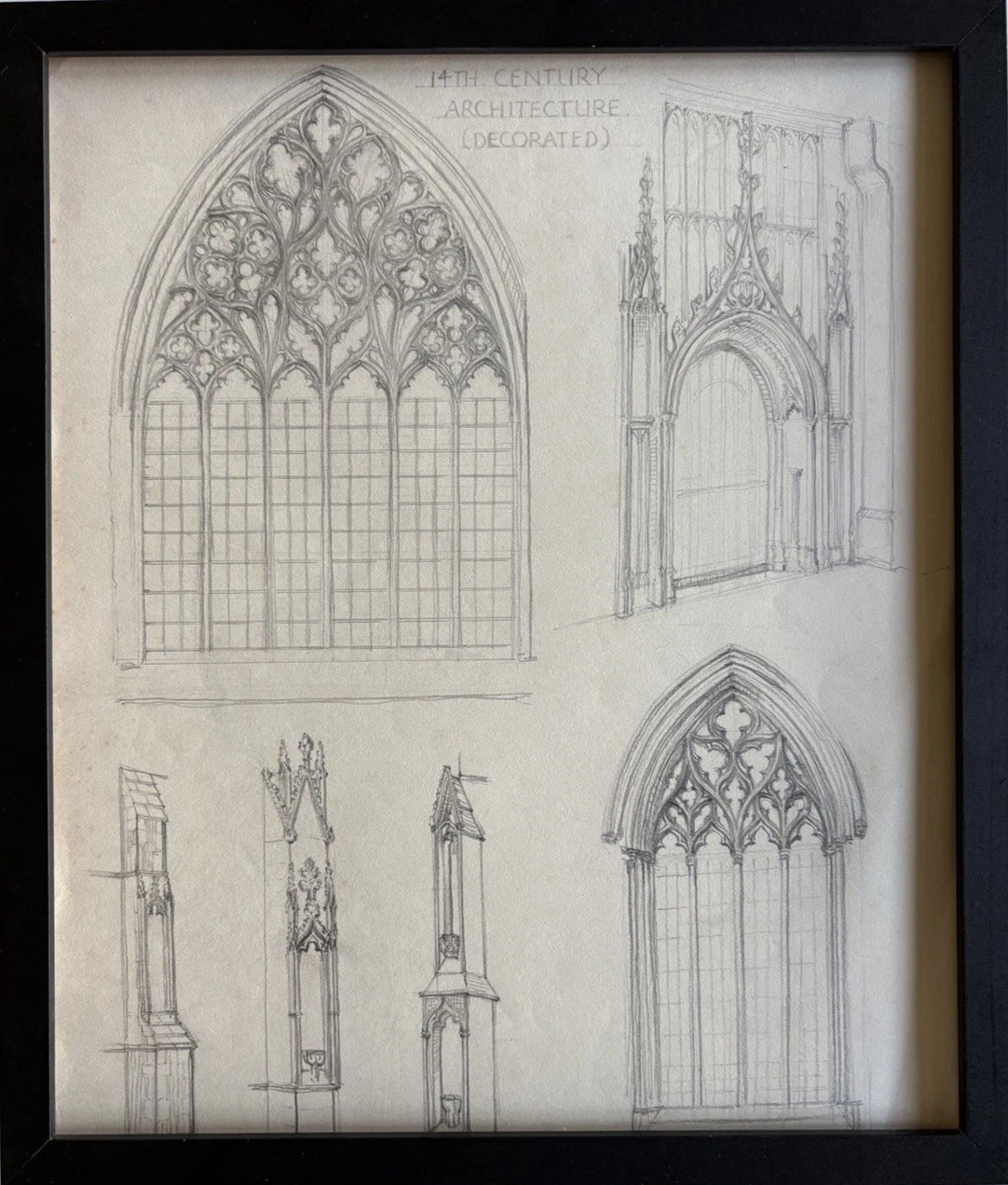Antique Framed Architectural Drawing 14th Century Decorated Gothic Architecture