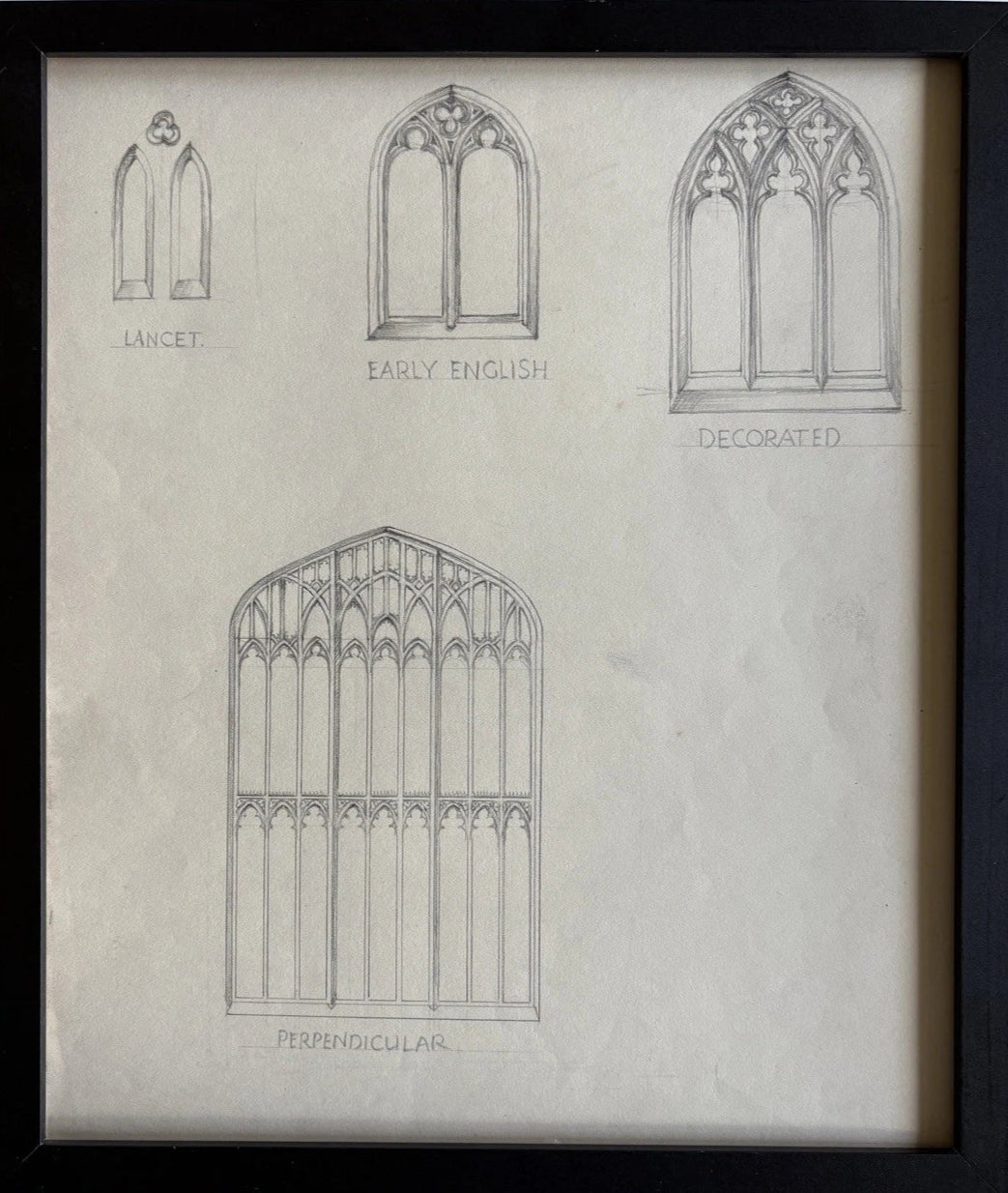 Antique Framed Architectural Drawing Gothic Window Lancet & Perpendicular
