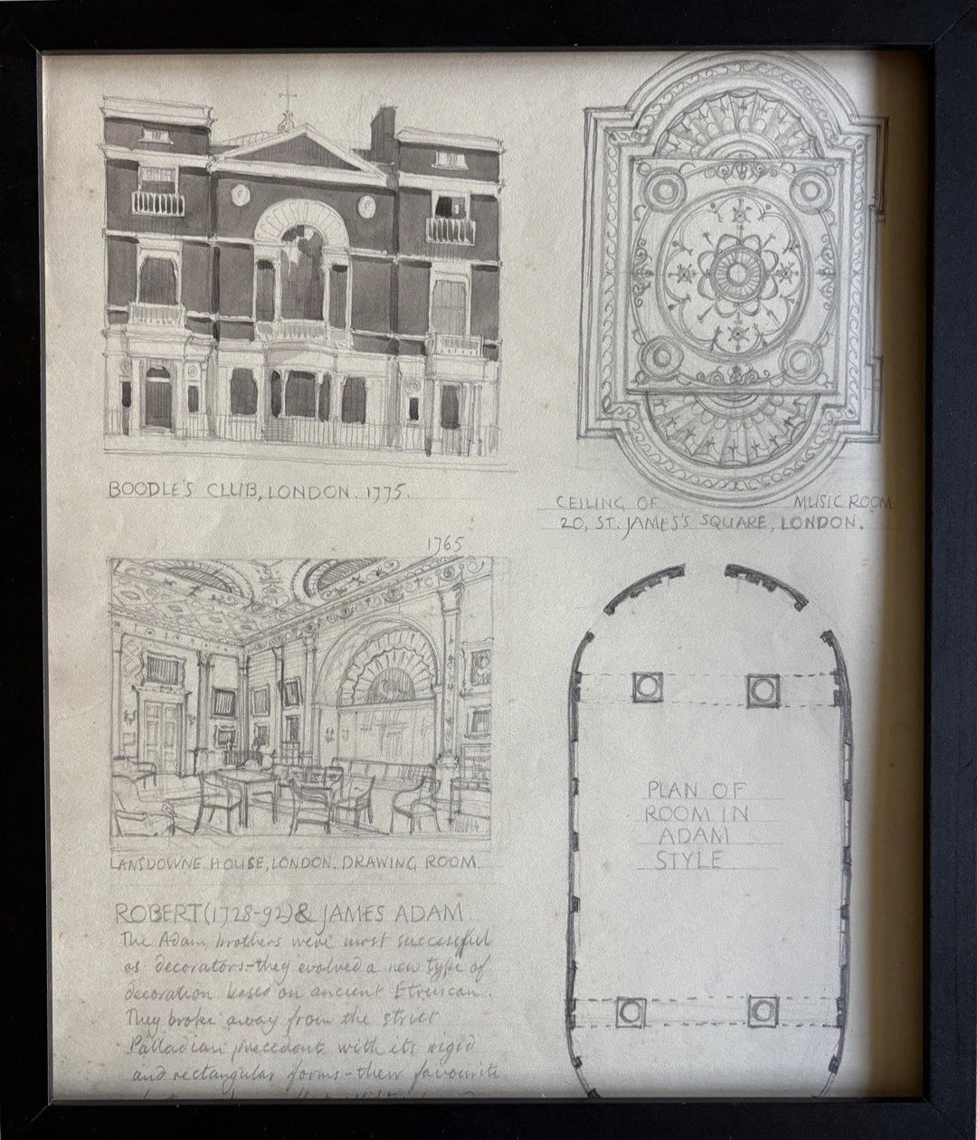 Antique Framed Architectural Drawing Boodle’s Club Lansdowne House 18th Century London