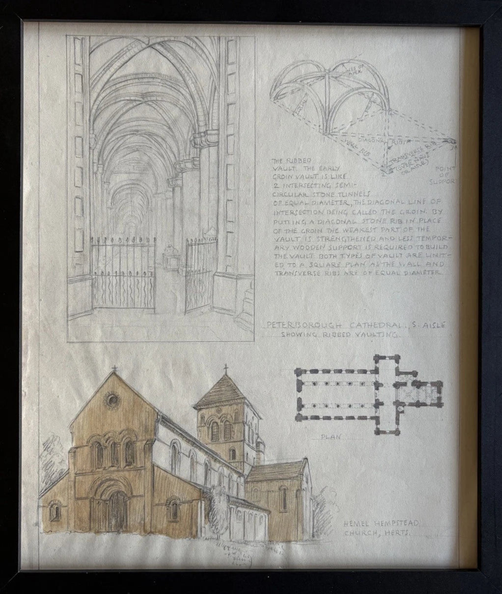 Antique Framed Architectural Drawing Peterborough Cathedral & Hemel Hempstead