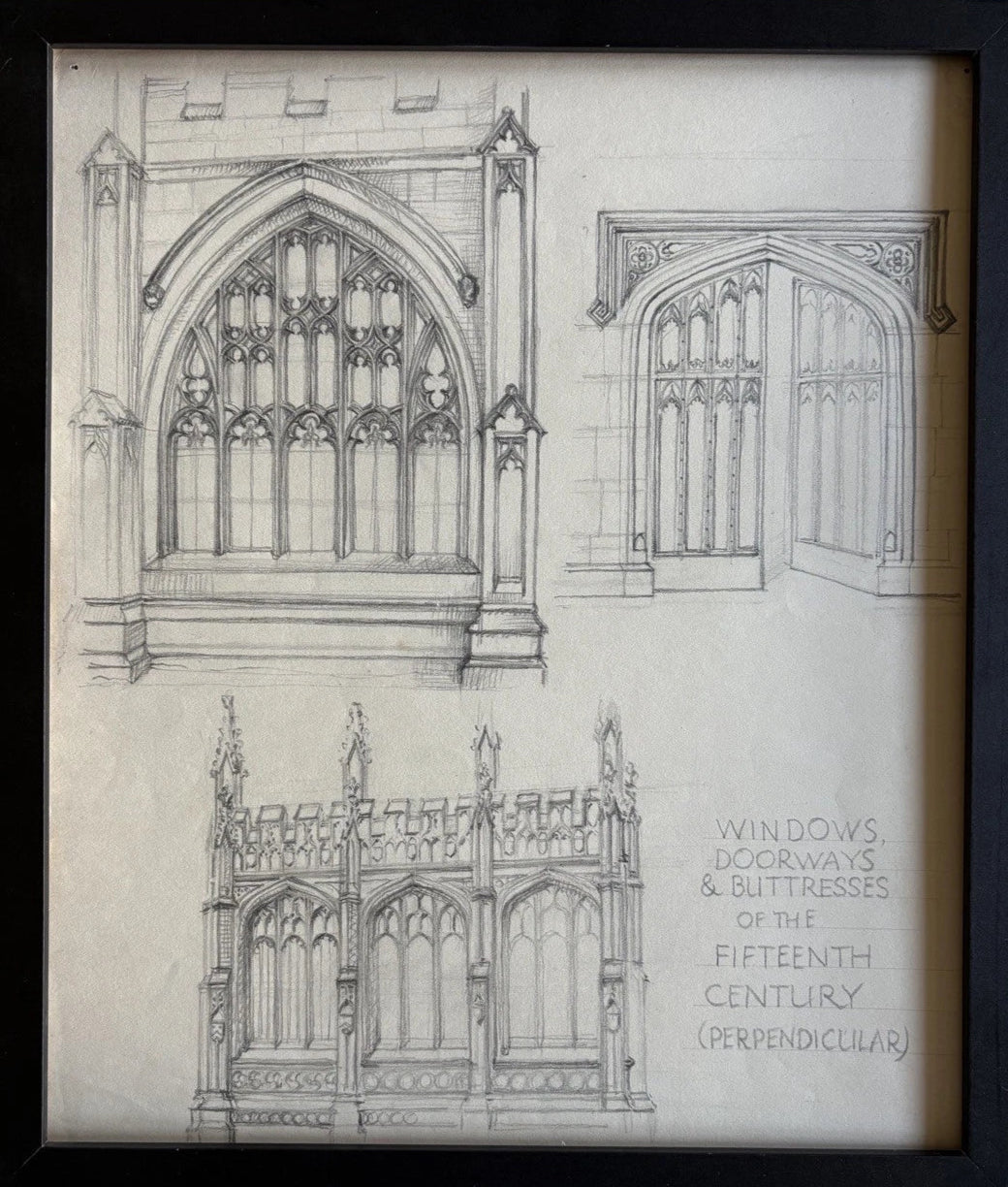Antique Framed Gothic Architectural Drawing Windows, Doorways Buttresses 15th Century