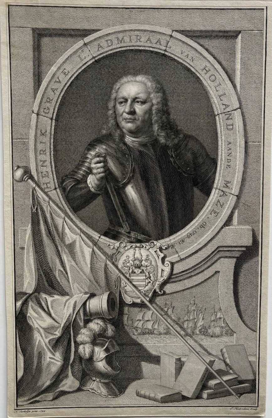 Antique Engraved Portrait of Admiral Henrik Grave Holland 1744