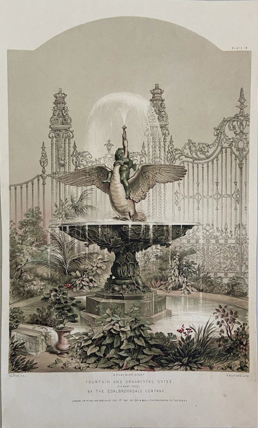 Antique Victorian Engraving 1851 Fountain and Ornamental Gates in Cast Iron