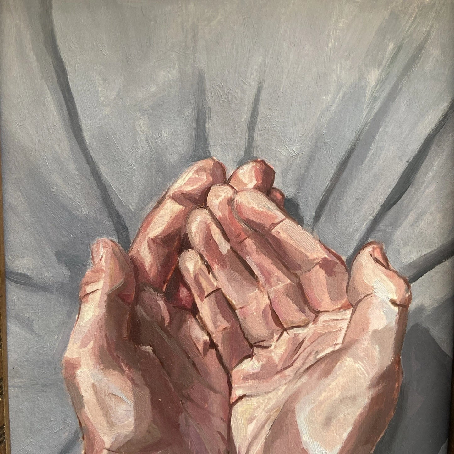 Figurative hands study oil painting on paper in antique frame by Drew Thomson