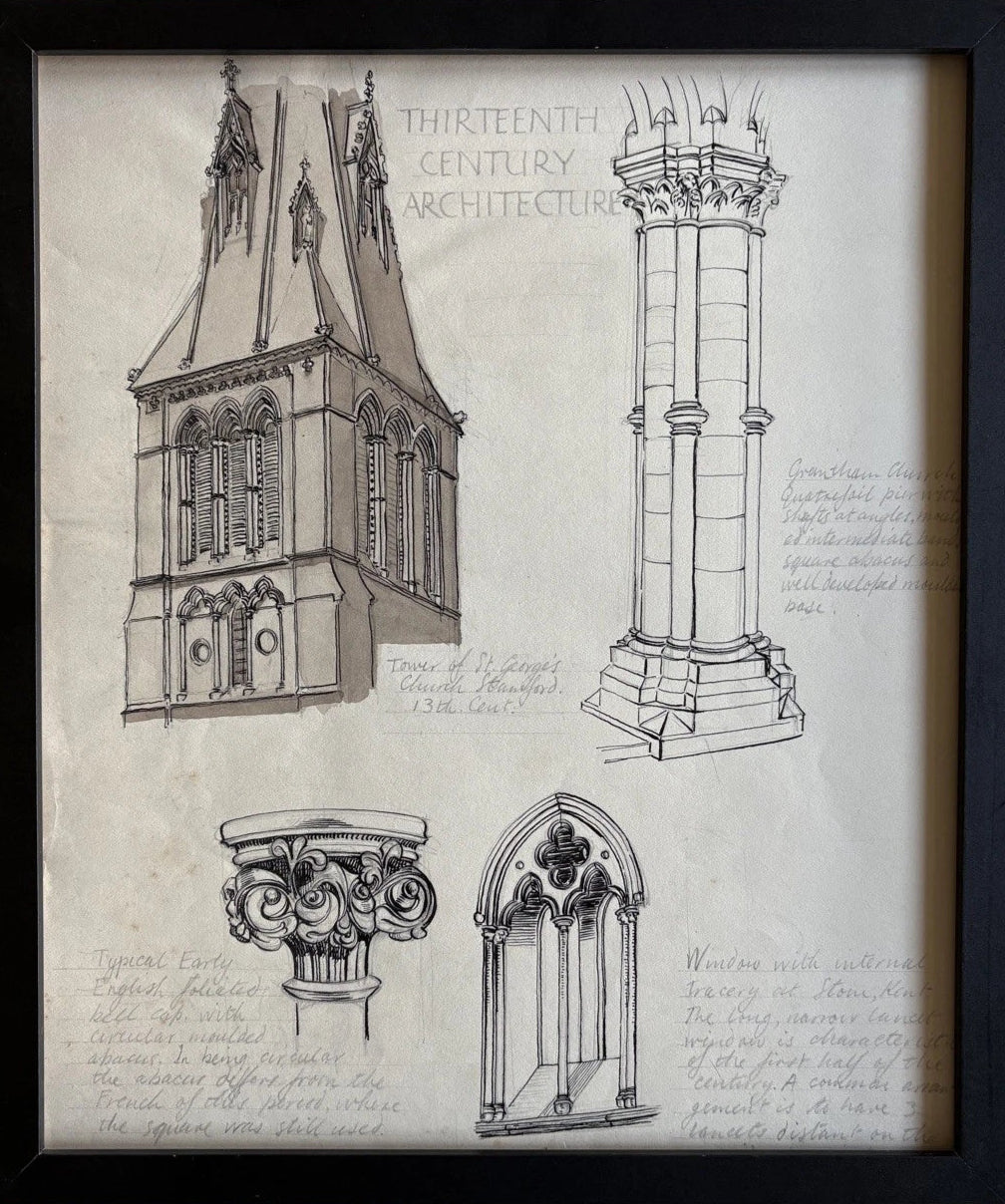 Antique Framed Gothic Architectural Drawing 13th Century Church Tower Columns Tracery
