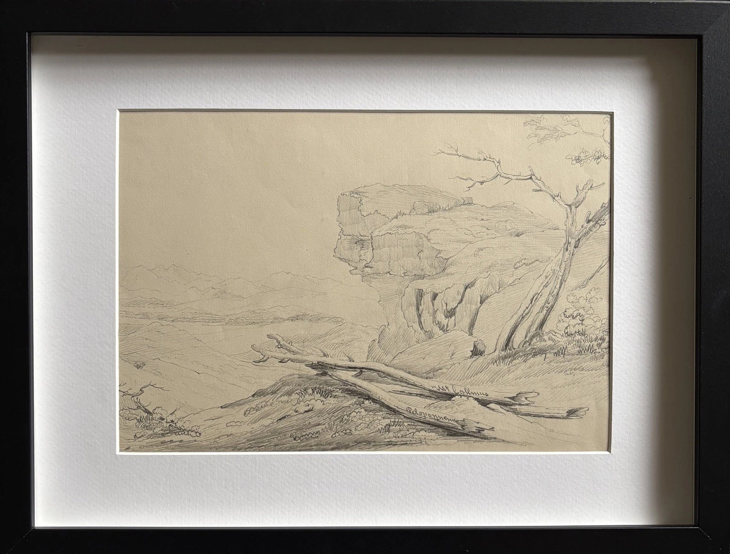 Antique Pencil Landscape Drawing Rocky Cliffside Tree and Mountains