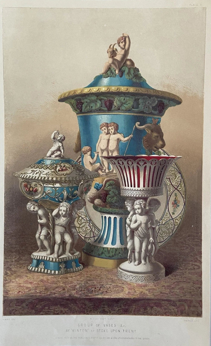 Antique Victorian Engraving Group of Vases by Minton of Stoke Upon Trent 1851